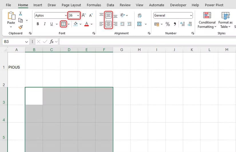some-cells-in-excel-are-selected-and-their-font-size-is-changed-to-36pt-an-outside-border-is-added-and-the-vertical-and-horizontal-alignments-are-set-to-center طريقة ابتكار ألعاب كلمات تفاعلية داخل Excel باستخدام أدواته الذكية