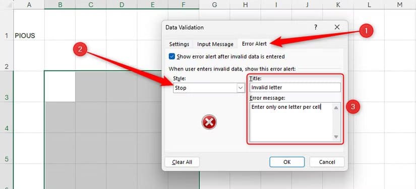 the-error-alert-tab-in-microsoft-excel-s-data-validation-dialog-box-with-the-title-invalid-letter-and-the-error-message-enter-only-one-letter-per-cell-1 طريقة ابتكار ألعاب كلمات تفاعلية داخل Excel باستخدام أدواته الذكية
