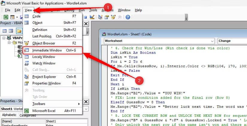 the-immediate-window-option-in-the-view-drop-down-menu-of-excel-s-vba-editor-is-selected طريقة ابتكار ألعاب كلمات تفاعلية داخل Excel باستخدام أدواته الذكية
