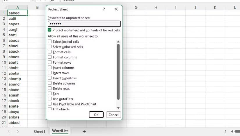 the-protect-sheet-dialog-in-excel-with-protect-worksheet-and-contents-of-locked-cells-checked طريقة ابتكار ألعاب كلمات تفاعلية داخل Excel باستخدام أدواته الذكية