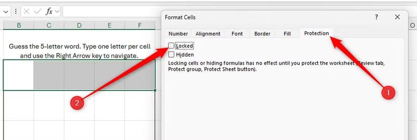 the-protection-tab-in-excel-s-format-cells-dialog-box-is-opened-and-locked-is-unchecked طريقة ابتكار ألعاب كلمات تفاعلية داخل Excel باستخدام أدواته الذكية