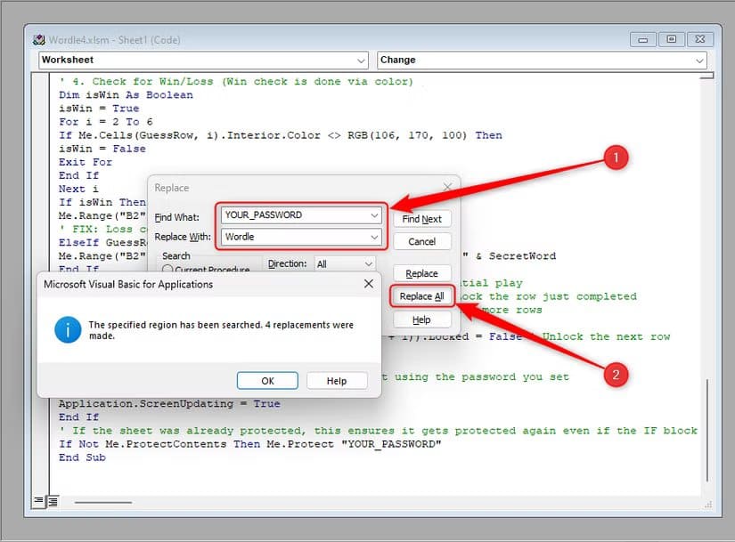 the-your_password-string-in-a-vba-code-in-excel-replaced-with-the-word-wordle-in-the-replace-dialog طريقة ابتكار ألعاب كلمات تفاعلية داخل Excel باستخدام أدواته الذكية