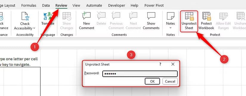 unprotect-sheet-in-excel-s-review-tab-is-selected-and-a-password-is-typed-into-the-resultant-dialog طريقة ابتكار ألعاب كلمات تفاعلية داخل Excel باستخدام أدواته الذكية