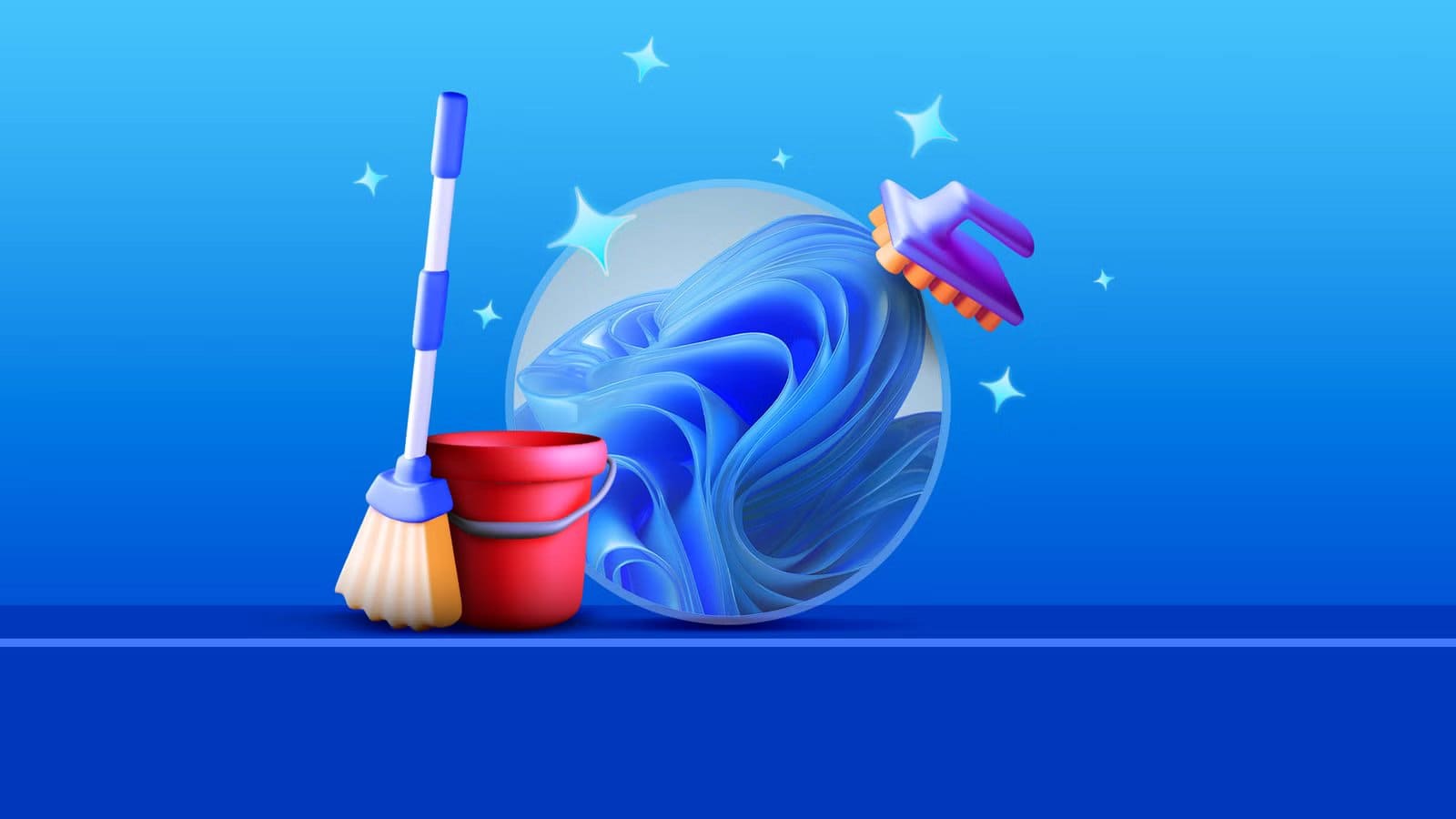 windows-11-being-cleaned-with-a-mop-bucket-and-scrubbing-brush طريقة فعالة لتنظيف برامج تشغيل Windows القديمة والملفات المخفية دون التأثير على النظام