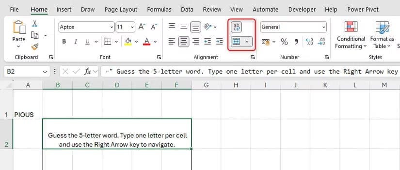 wrap-text-and-merge-and-center-are-applied-to-cells-b2-to-f2-in-excel طريقة ابتكار ألعاب كلمات تفاعلية داخل Excel باستخدام أدواته الذكية