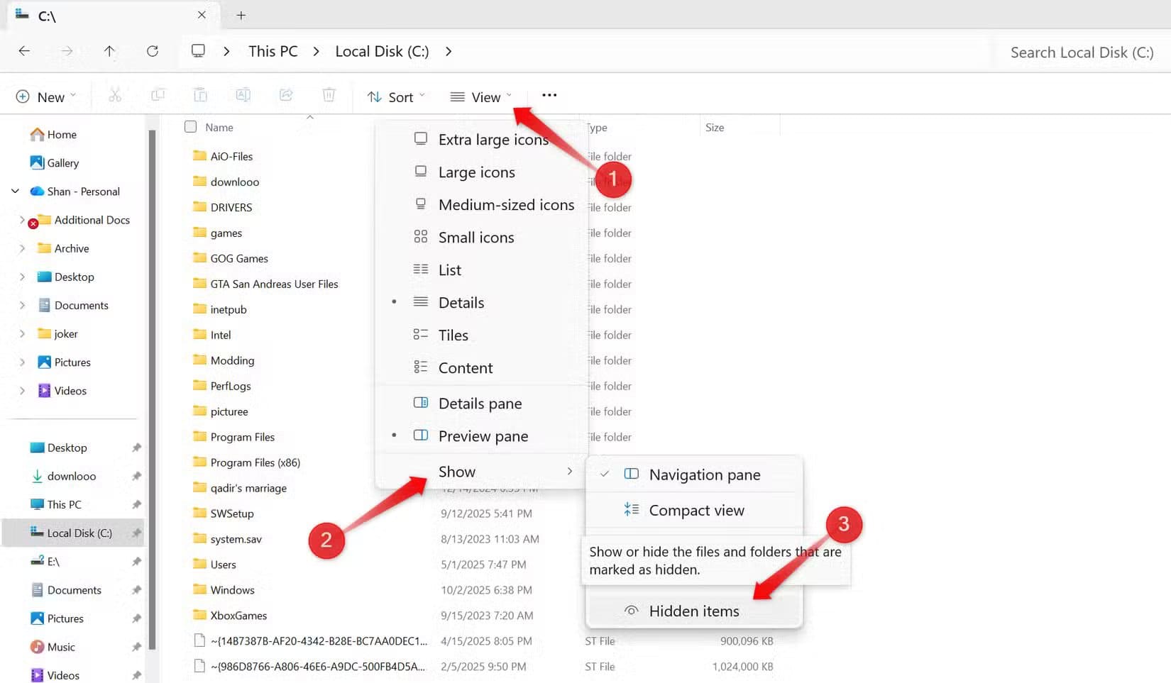 2-unhiding-files-in-the-c-drive-in-windows أسباب امتلاء قرص ويندوز بسرعة وطرق استعادة مساحة تخزين كبيرة خلال دقائق