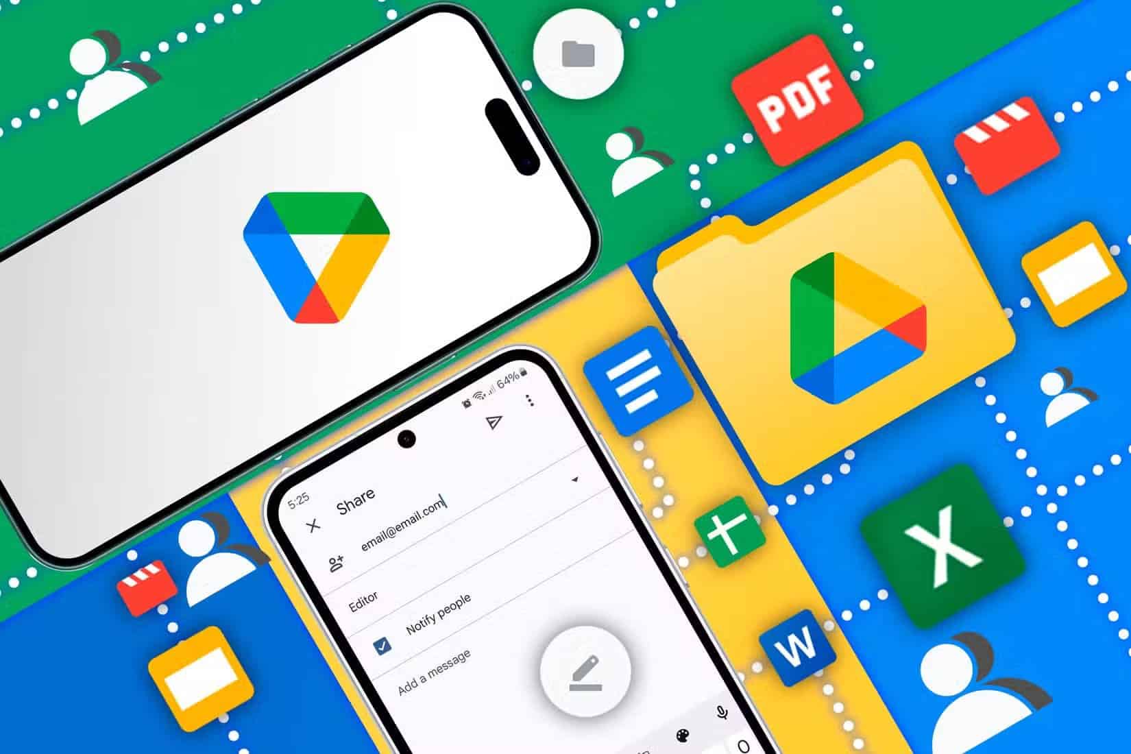 an-iphone-with-the-google-drive-logo-and-an-android-on-the-folder-sharing-screen-with-the-drive-logo-next-to-it-and-several-google-workspace-icons لماذا يظل التخزين السحابي خيارًا أكثر أمانًا من الخوادم المحلية الضخمة