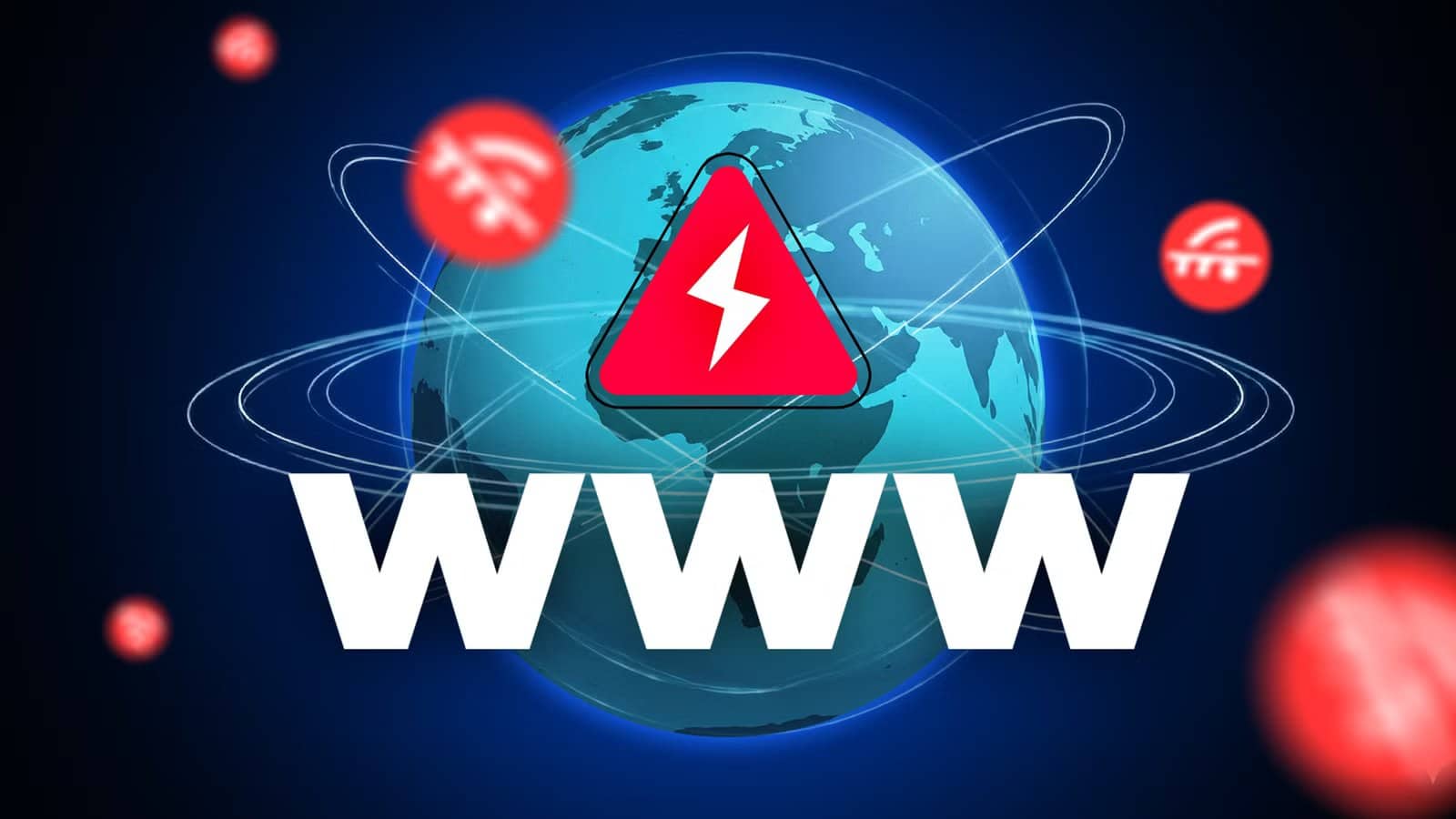 globe-overlaid-with-a-red-warning-triangle-and-www-text-surrounded-by-disconnected-wi-fi-icons-against-a-blue-background أكبر انقطاعات الإنترنت التي كشفت هشاشة الشبكة العالمية