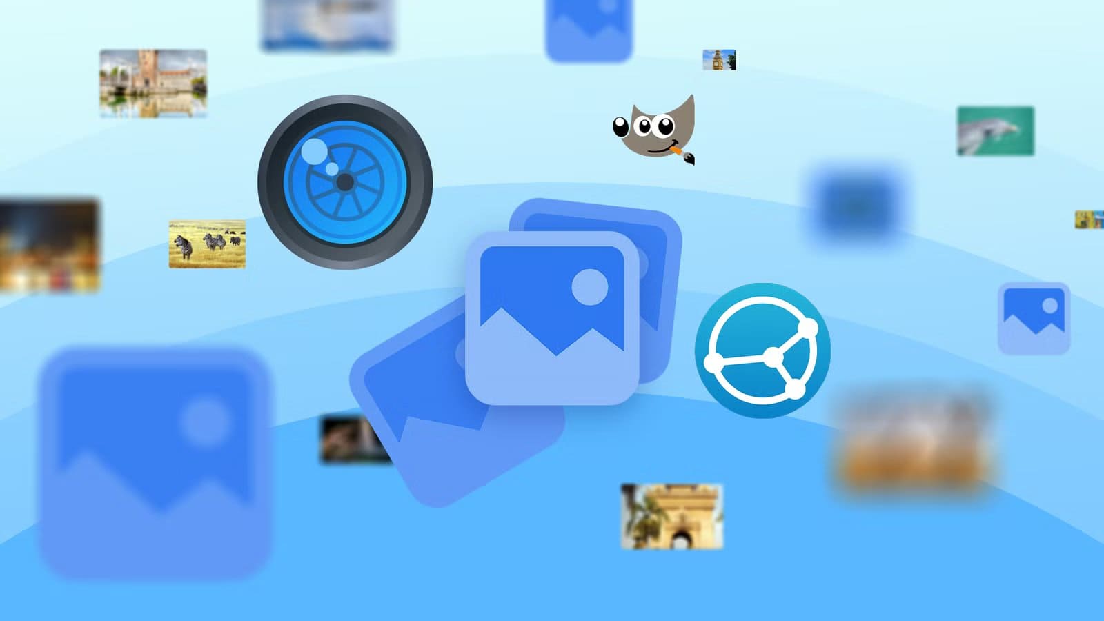illustration-featuring-logos-for-gimp-syncthing-and-digikam-with-photos-amidst-floating-image-thumbnails-on-a-blue-background أفضل التطبيقات المجانية لتنظيم مكتبة الصور وحفظها بشكل مرتب