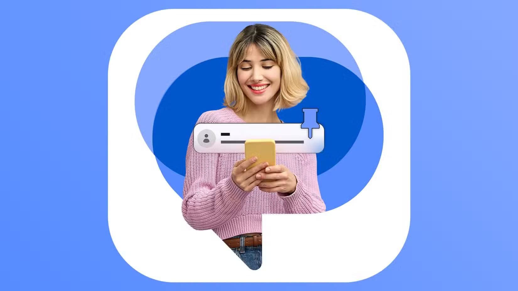 smiling-woman-using-a-smartphone-with-a-pinned-chat-icon-and-the-google-messages-logo-in-the-background كيف تؤثر قرارات Google الأخيرة سلبًا على أحد أهم تطبيقات هاتفك