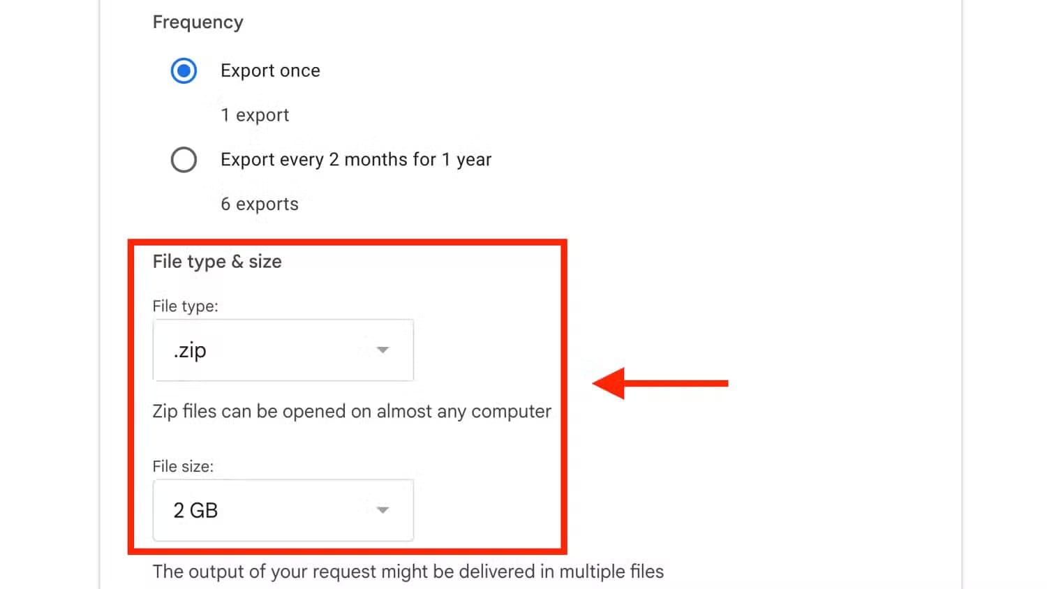 Paramètres de type et de taille de fichier dans Google Takeout : arrêtez de payer pour le stockage Gmail et profitez de solutions intelligentes et gratuites.