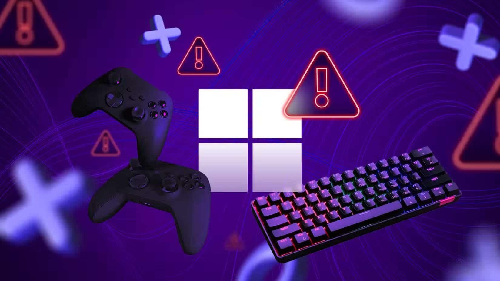 windows-logo-surrounded-by-video-game-controllers-and-a-keyboard-with-multiple-warning-signs-around-it تغييرات في ويندوز خلال 2025 أضعفت التجربة وكيف يمكنك إصلاحها