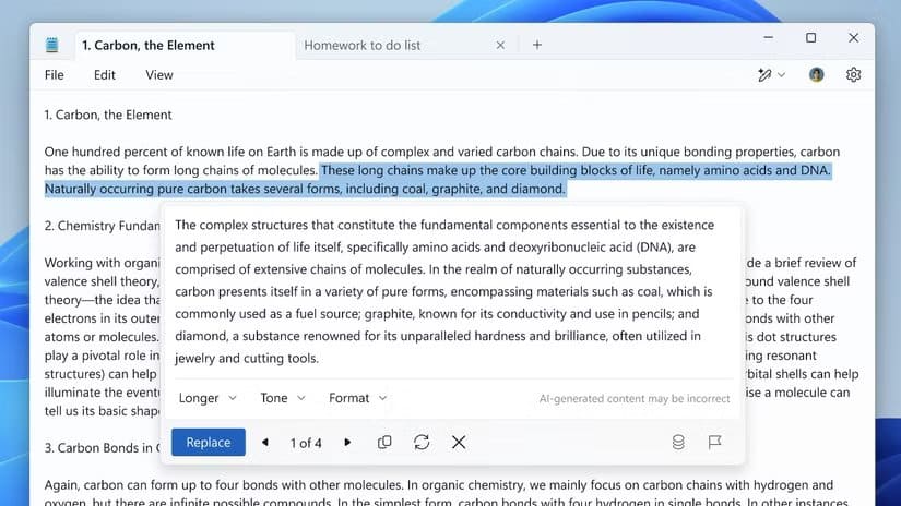 windows-notepad-using-generative-ai-to-change-a-sentence-talking-about-how-dna-and-amino-acids-are-the-core-building-blocks-of-life تغييرات في ويندوز خلال 2025 أضعفت التجربة وكيف يمكنك إصلاحها