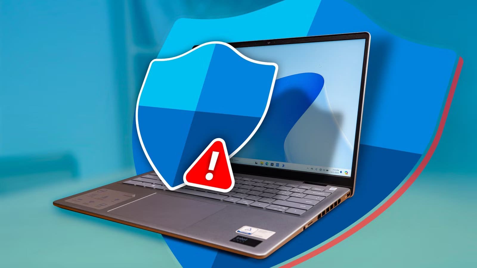 a-laptop-with-the-windows-defender-logo-coming-out-of-the-screen هل يكفي Windows Defender لحماية جهازك ولماذا لم أعد أستخدم برامج مكافحة الفيروسات الخارجية