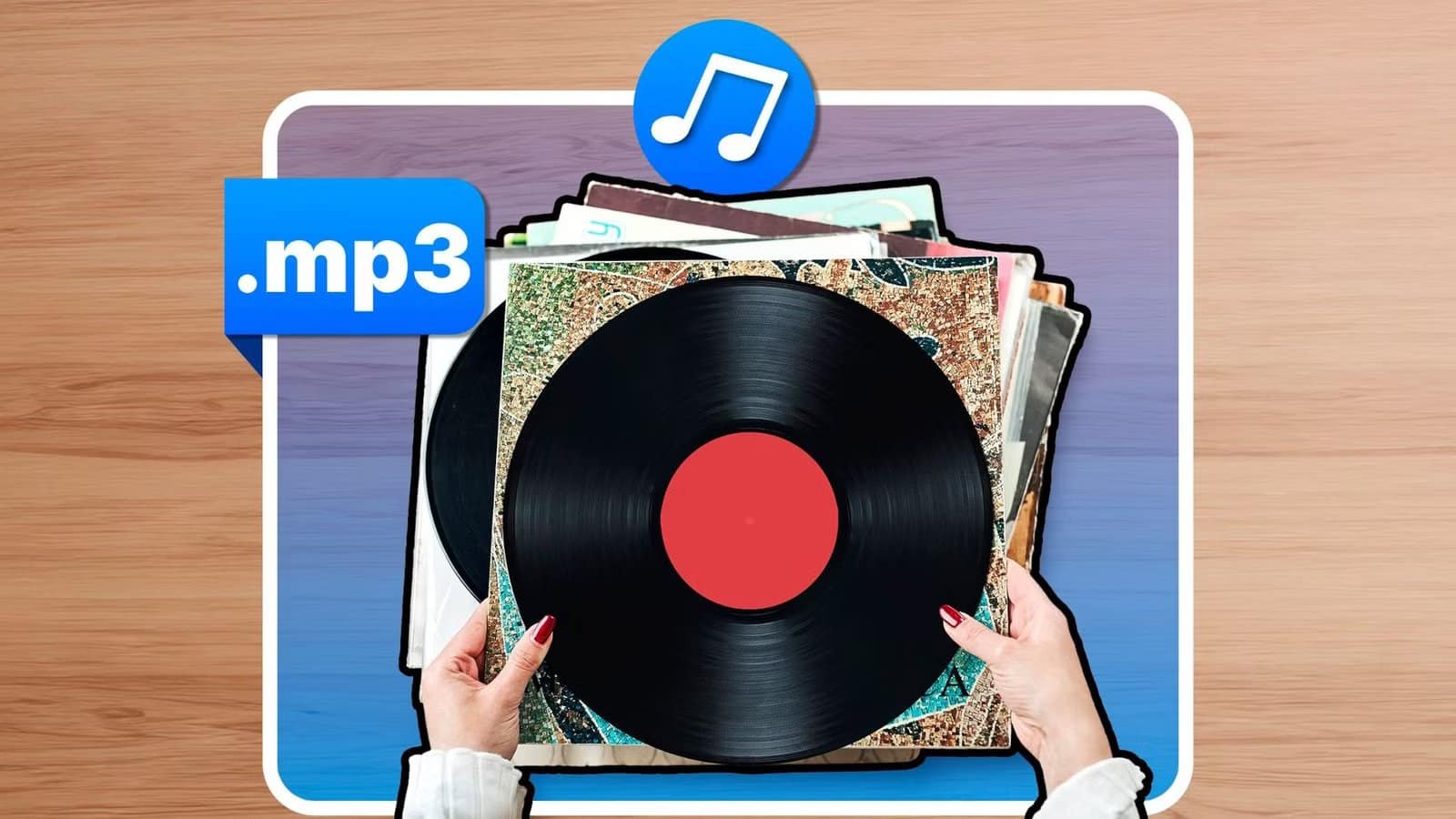 a-woman-s-hands-holding-vinyl-records-with-an-mp3-tag تنسيق صوتي جديد يهدد هيمنة MP3 وOpus بجودة أعلى وحجم أصغر