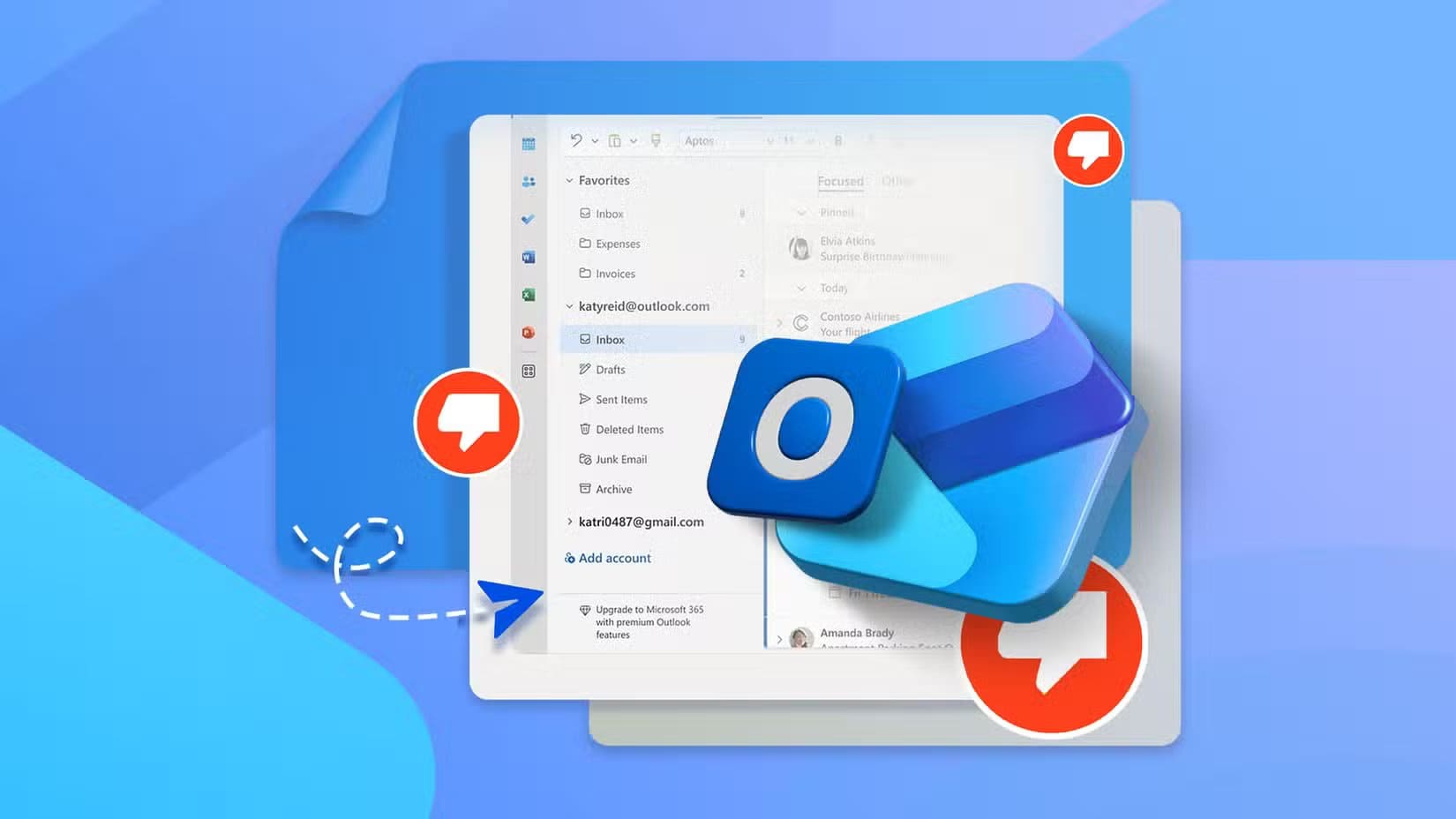 an-illustration-of-the-new-microsoft-outlook-interface-with-the-outlook-logo-and-multiple-thumbs-down-icons أفضل ميزات مخفية في Outlook تزيد إنتاجيتك وتوفر الوقت يومياً