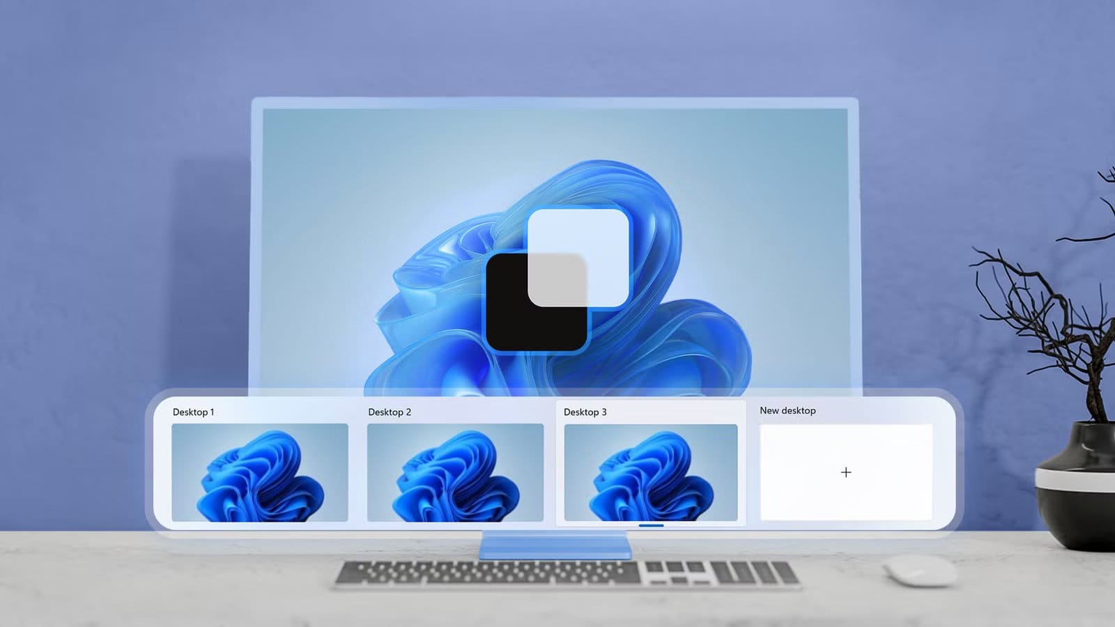 computer-screen-displaying-the-windows-11-interface-with-previews-of-multiple-virtual-desktops أفضل ميزات مدمجة في ويندوز لتسريع الكمبيوتر دون برامج خارجية