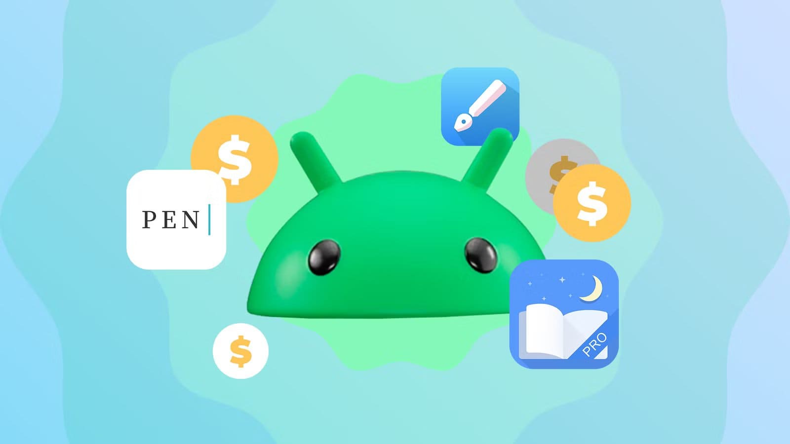 green-android-mascot-head-surrounded-by-floating-coins-and-moon-reader-pro-pencake-and-infinite-design-icons أفضل تطبيقات أندرويد مدفوعة تستحق الشراء وتقدم قيمة حقيقية