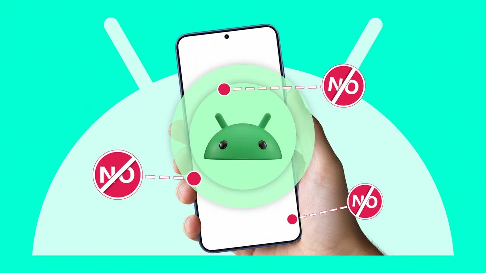 hand-holding-a-smartphone-with-a-3d-android-logo-surrounded-by-red-no-prohibition-signs سبب ظهور ألعاب تلقائية على هاتف أندرويد وكيف تمنع تثبيتها نهائيا