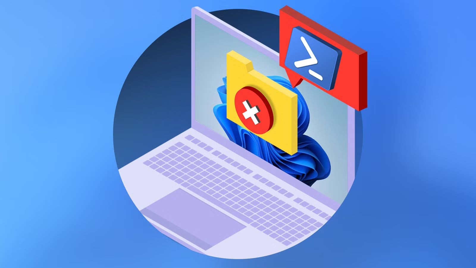 illustration-of-a-windows-laptop-with-a-folder-showing-an-error-icon-and-powershell-above-it 5 تطبيقات شائعة تستهلك مساحة التخزين على جهازك دون أن تنتبه