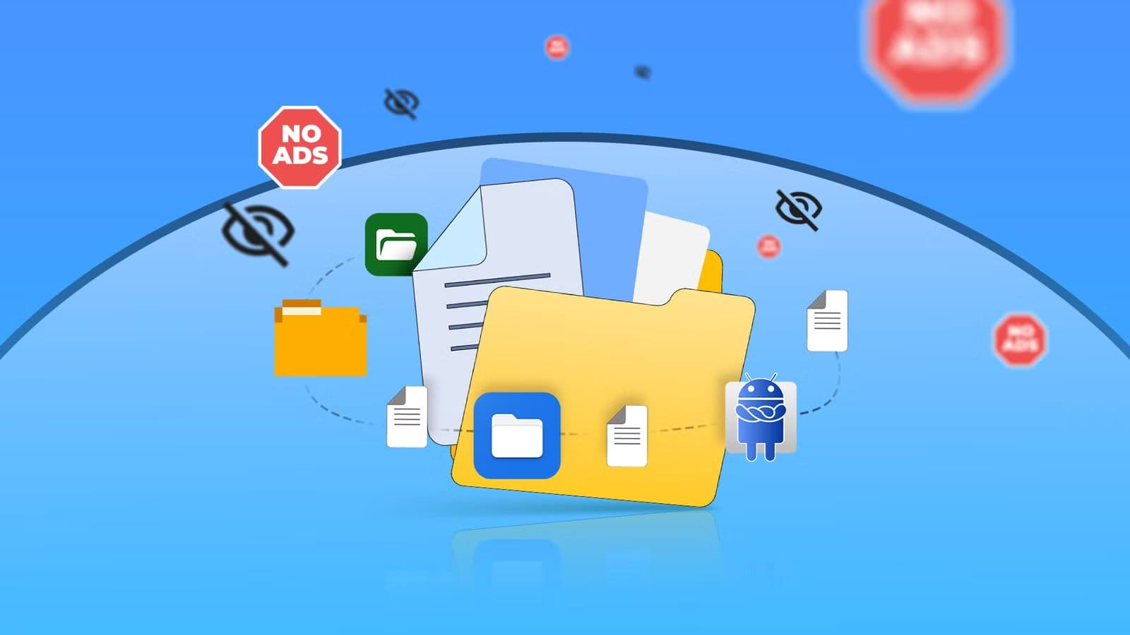 illustration-of-open-source-file-manager-icons-around-a-large-yellow-folder-surrounded-by-privacy-symbols-and-no-ads-signs أفضل تطبيقات مجانية ومفتوحة المصدر أستخدمها يومياً وتستحق التجربة