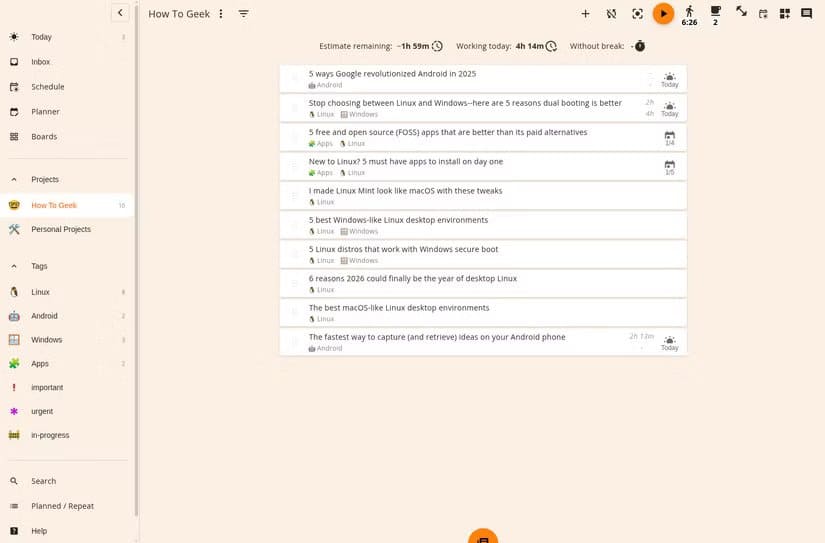 Zobrazenie všetkých úloh v projekte how-to geek v aplikácii Super Productivity: Bezplatná aplikácia s otvoreným zdrojovým kódom, ktorá vám pomôže prelomiť cyklus prokrastinácie a zvýšiť produktivitu.