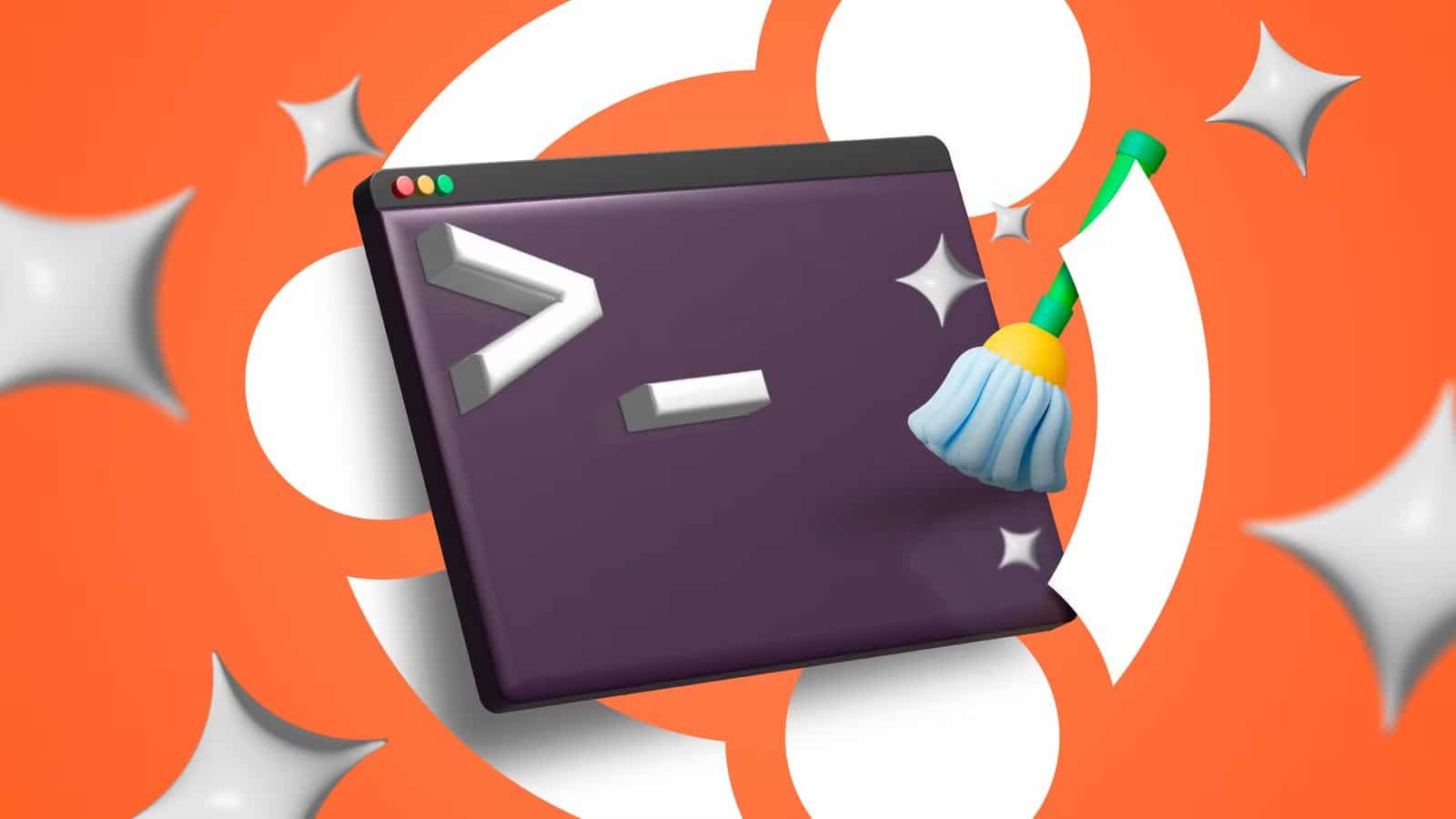 terminal-with-a-cleaning-duster-and-the-ubuntu-logo-in-the-background 6 أوامر فعالة لتنظيف نظام Ubuntu وتسريع الأداء عبر سطر الأوامر
