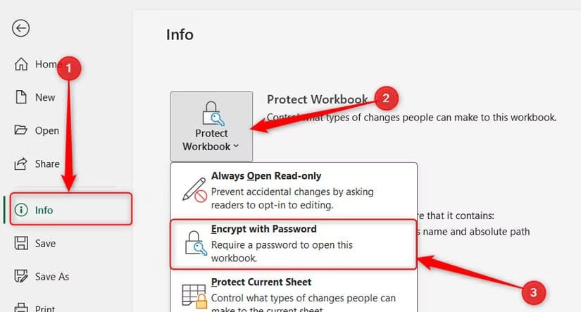the-encrypt-with-password-button-in-the-info-menu-on-the-excel-file-screen أمان ملفات إكسل ضعيف للغاية وهذه الطريقة الوحيدة لحماية بياناتك فعليًا