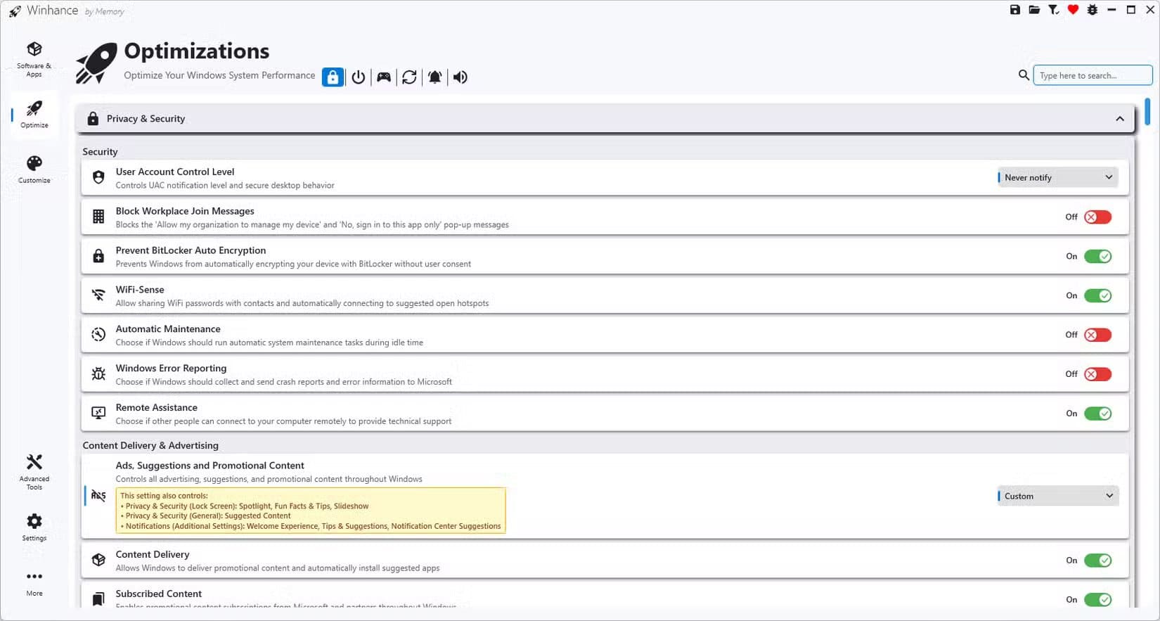 the-optimizations-window-in-winhance أفضل طريقة لإزالة برامج ويندوز 11 غير الضرورية وتثبيت برامجك المفضلة دفعة واحدة