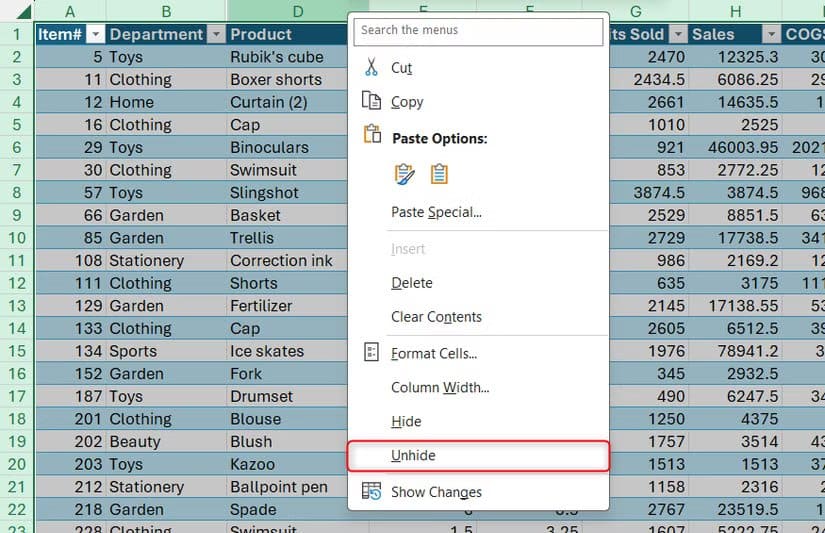 unhide-is-selected-in-the-column-right-click-menu-in-excel أمان ملفات إكسل ضعيف للغاية وهذه الطريقة الوحيدة لحماية بياناتك فعليًا