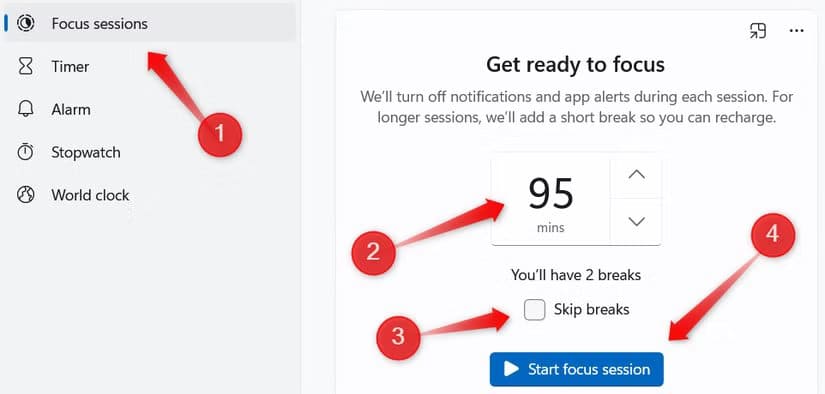 02-Memulai-Sesi-Fokus-di-Aplikasi-Jam-pada-Windows Cara efektif untuk menghentikan notifikasi Windows yang mengganggu dan meningkatkan fokus saat bekerja