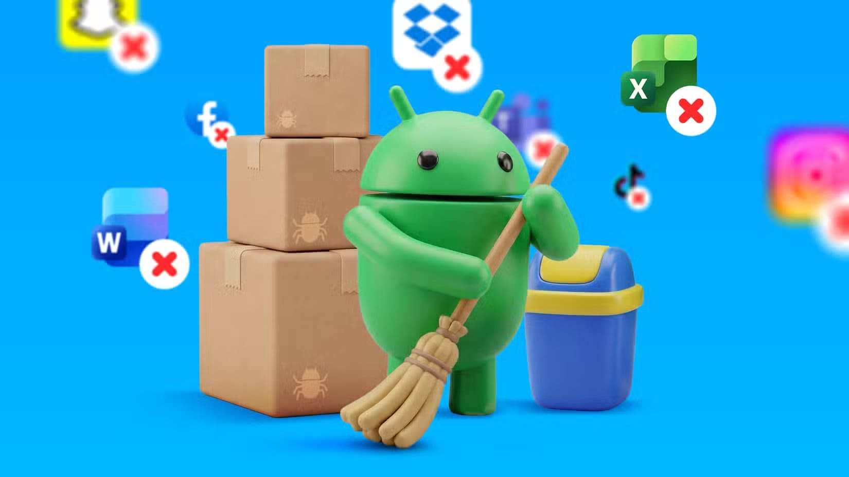 a-3d-illustration-of-the-android-mascot-holding-a-broom-standing-next-to-boxes-and-a-trash-can-surrounded-by-app-icons-with-red-cross-marks ستة خطوات بسيطة تجعل هاتف سامسونج جالاكسي القديم يعمل وكأنه جديد