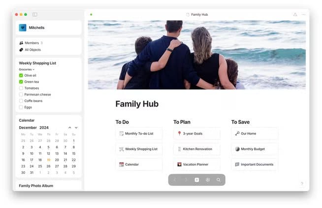 a-family-organization-on-the-anytype-ui-with-lists-a-calendar-and-photos تطبيق مجاني يجمع وظائف أربعة اشتراكات مدفوعة ويختصر النفقات