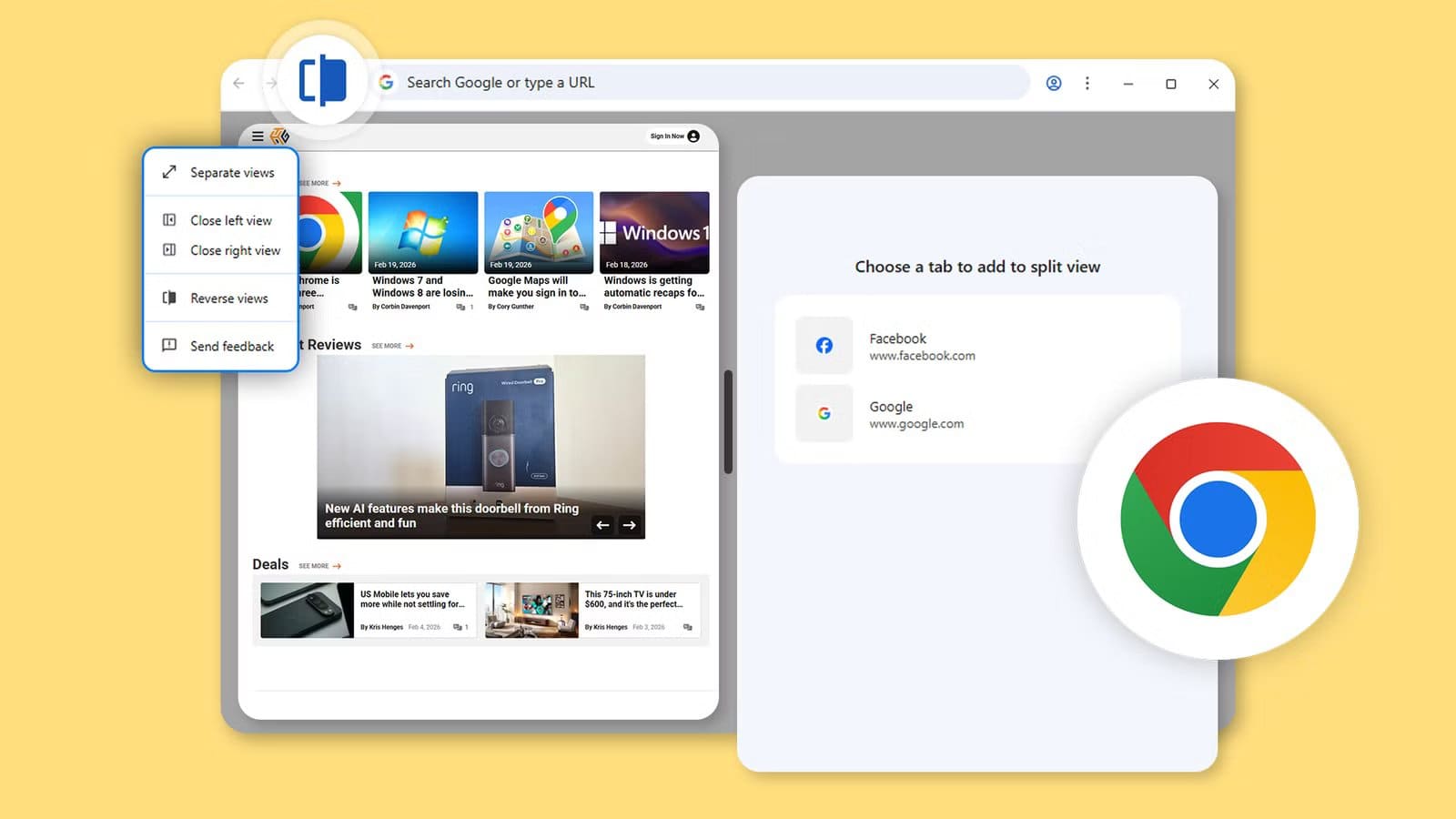 a-google-chrome-browser-window-on-a-yellow-background-displaying-the-split-screen-view-feature ميزة الشاشة المقسمة في كروم تجعل إدارة علامات التبويب أسهل وأكثر إنتاجية