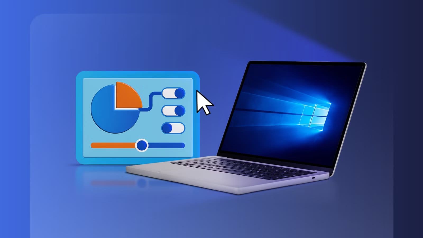 a-laptop-displaying-the-windows-10-desktop-sits-beside-a-large-control-panel-icon-with-a-mouse-cursor-pointing-toward-it لماذا يصعب إعادة بناء نظام ويندوز من الصفر بسبب توافق البرامج