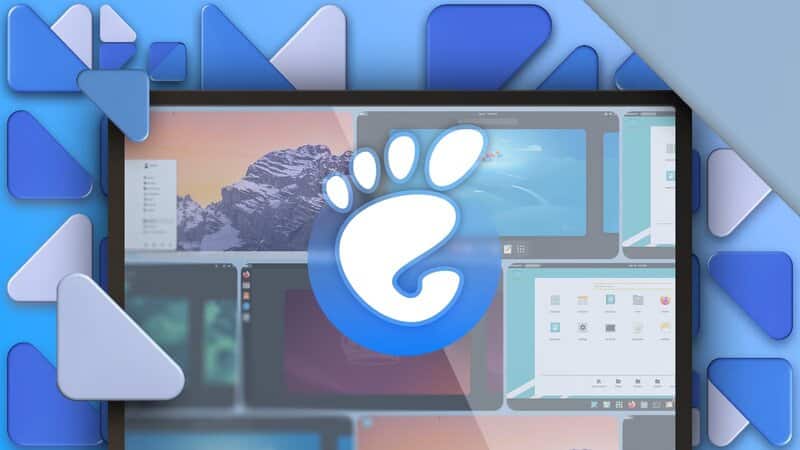 a-screen-displaying-the-gnome-logo-and-several-linux-distros-with-a-geometric-pattern-in-the-background أفضل بيئات سطح المكتب في لينكس التي تتفوق على GNOME من حيث الأداء والتخصيص