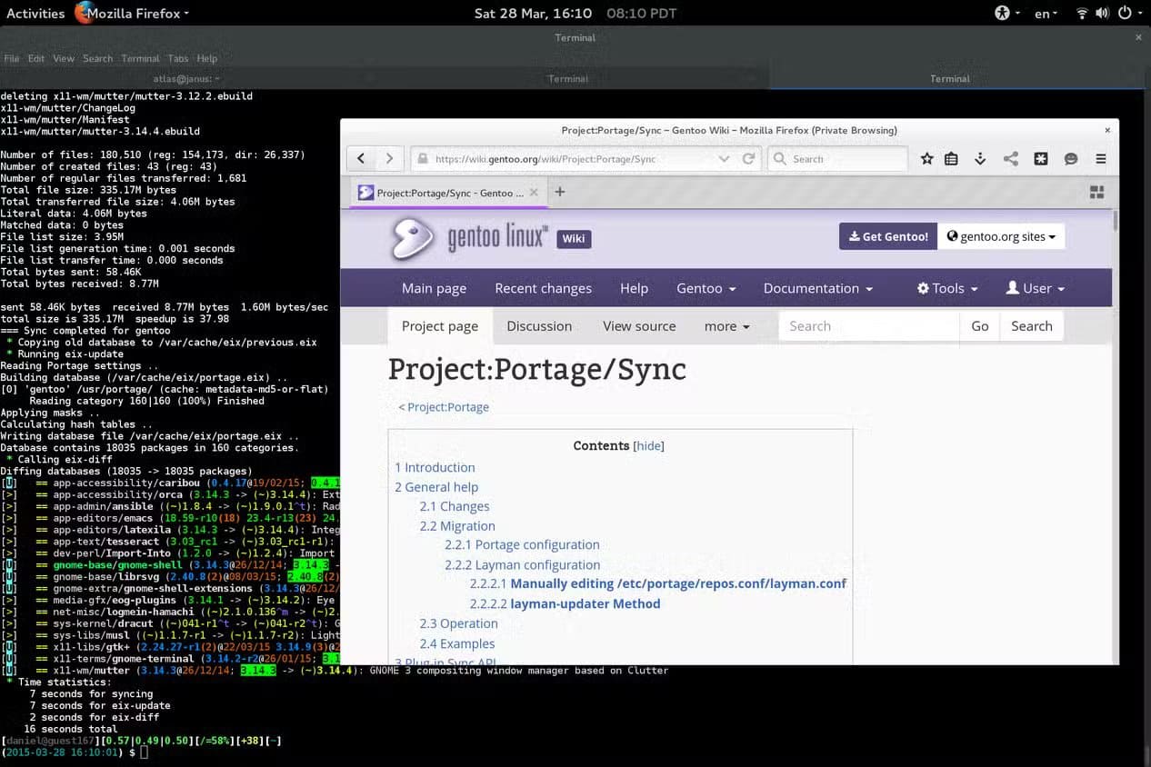 a-standard-gentoo-deskop-with-a-full-screen-terminal-window-and-a-browser-window-open ثلاث توزيعات لينكس قوية يتجنبها حتى المستخدمون المخضرمون بسبب صعوبة استخدامها