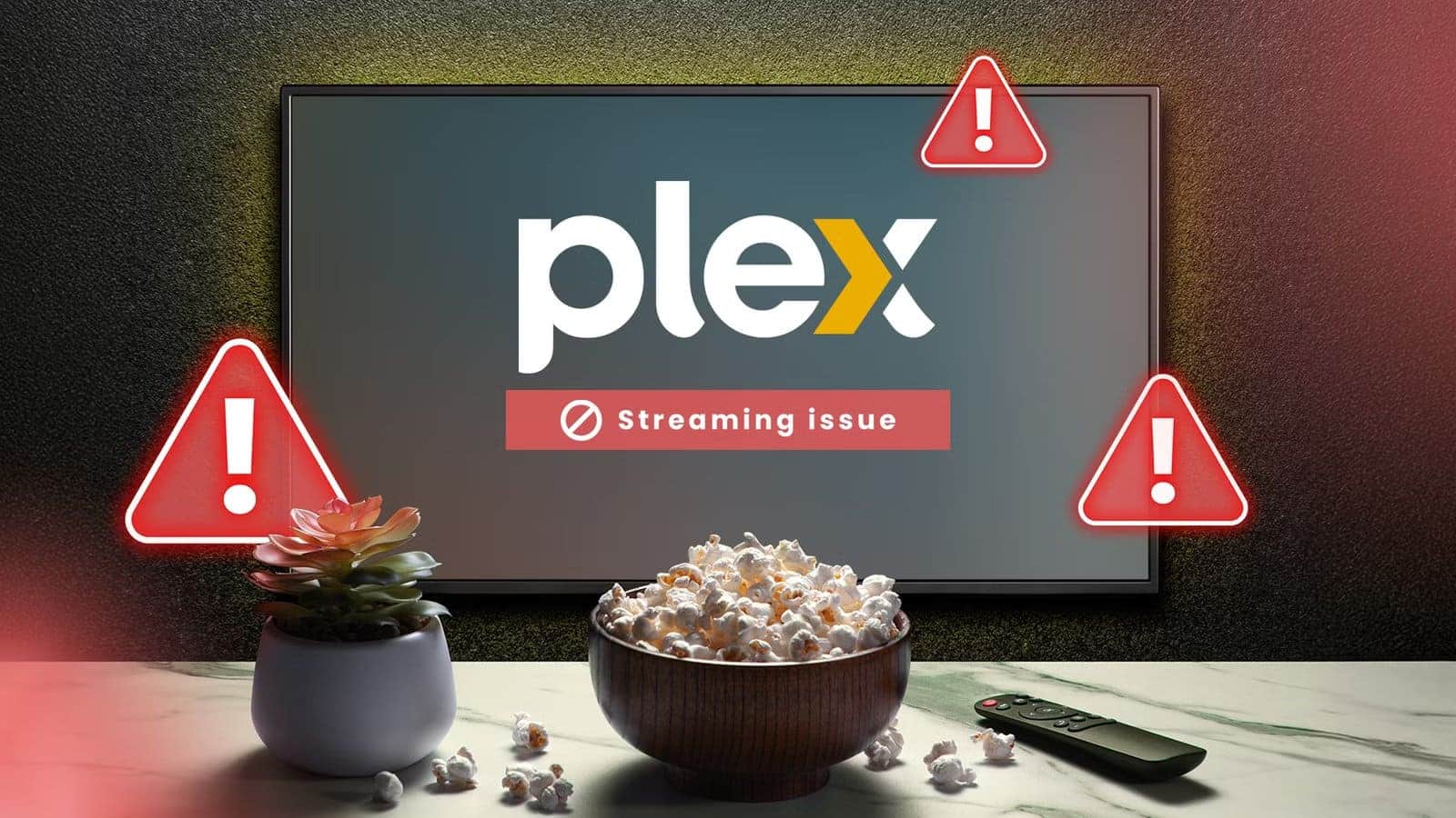 a-tv-with-the-plex-logo-displaying-a-streaming-error-with-a-popcorn-bucket-and-a-remote-control-in-front حل مشاكل البث عن بُعد في Plex وضمان استقرار التشغيل بدون انقطاع