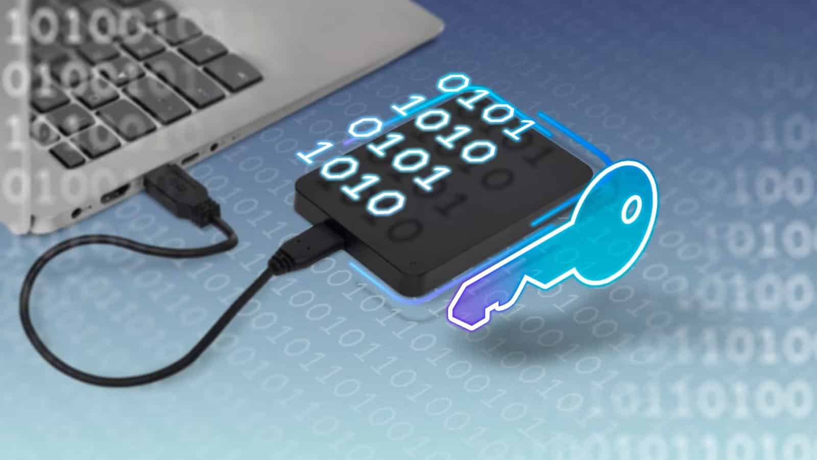 an-external-drive-connected-to-a-laptop-with-a-key-and-binary-code-next-to-it أفضل بدائل التخزين السحابي المجانية لتوفير المال وحماية ملفاتك