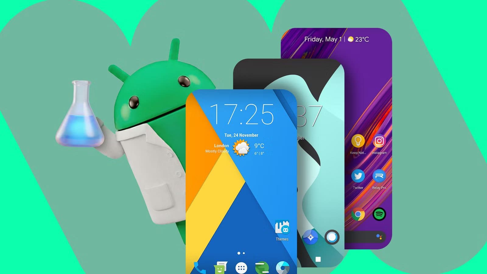 android-mascot-dressed-as-a-scientist-holding-a-flask-standing-next-to-three-smartphone-screens-displaying-various-custom-rom-interfaces أفضل 5 رومات أندرويد معدلة تعيد لك متعة النظام وسرعته كما كان سابقًا