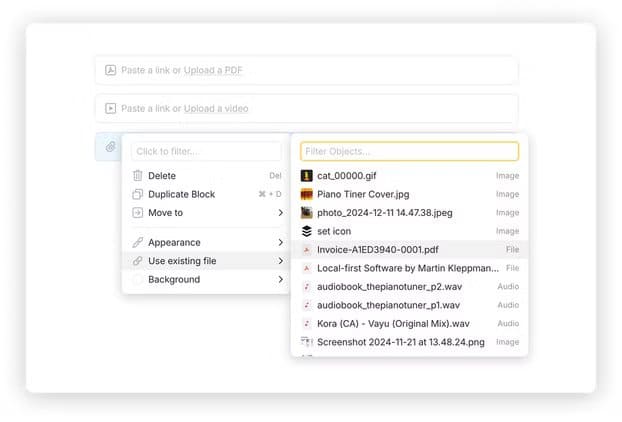 anytype-app-s-file-management-menu-showing-images-audio-files-and-a-pdf-document تطبيق مجاني يجمع وظائف أربعة اشتراكات مدفوعة ويختصر النفقات