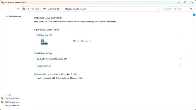 bitlocker-drive-encryption-in-control-panel لماذا يتفوق ويندوز على لينكس في الأمان من خلال ثلاث ميزات أساسية