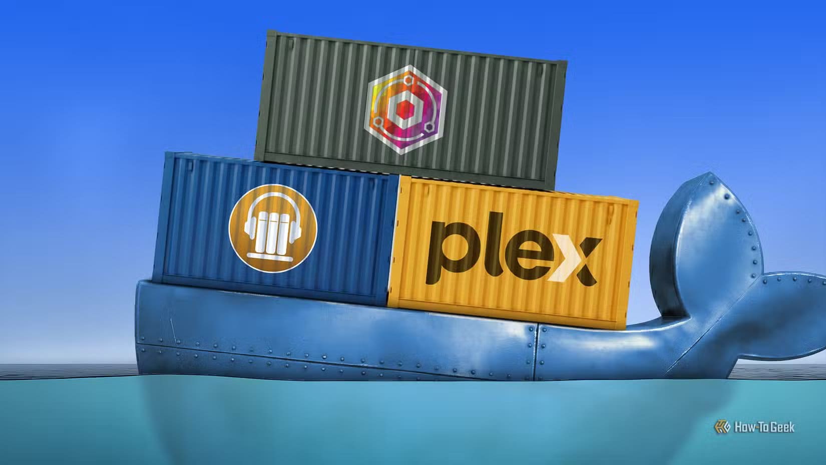 docker-whale-carrying-shipping-containers-with-plex-audiobookshelf-and-vnginx-proxy-manager-logos لماذا قد يكون الكمبيوتر الصغير أو التخزين المباشر خيارًا أفضل من أجهزة NAS