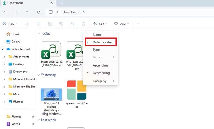 explorer-date-modified-2 تنظيم مجلد التنزيلات في ويندوز تلقائيًا باستخدام ثلاث ميزات مخفية