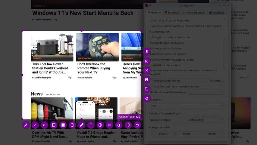 flameshot-application-being-used-to-capture-a-screenshot-with-the-settings-dialog-visible-next-to-it 6 تطبيقات Linux محمولة تعزز إنتاجيتك على أي توزيعة دون تثبيت