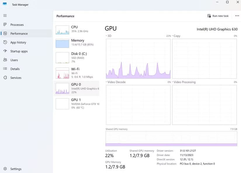 gpu-1 ثلاث معلومات مضللة يعرضها مدير المهام في ويندوز عن أداء جهازك