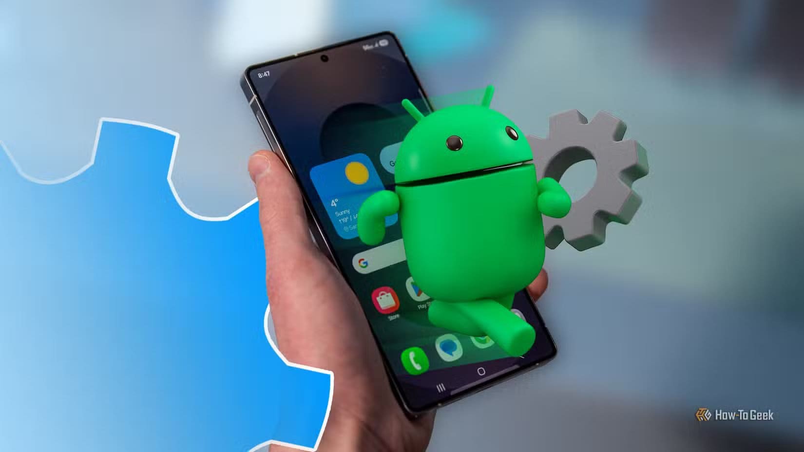hand-holding-a-phone-with-the-android-mascot-holding-a-settings-gear-in-front-of-the-screen ستة خطوات بسيطة تجعل هاتف سامسونج جالاكسي القديم يعمل وكأنه جديد