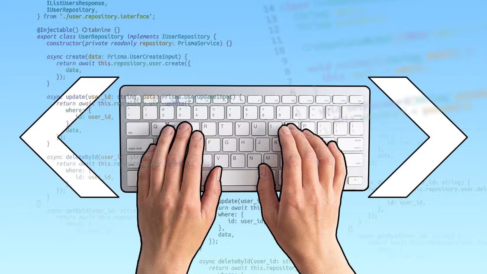hands-typing-on-a-keyboard-with-code-snippets-in-the-background-and-two-angle-bracket-symbols-on-each-side لماذا يفضل بعض المبرمجين تعلم البرمجة باستخدام محرر Kate بدلاً من VS Code