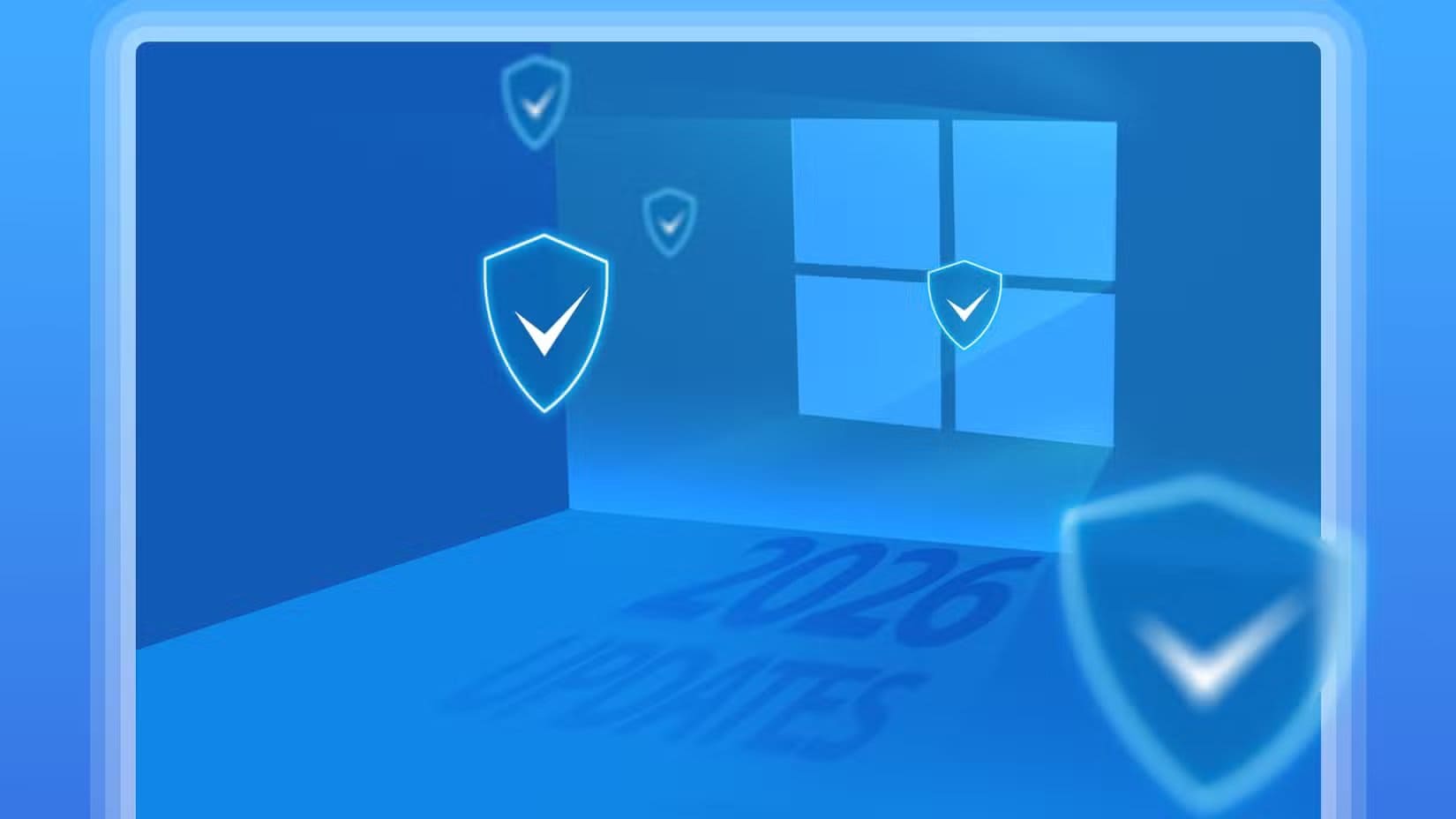 illustration-of-a-glowing-windows-10-logo-inside-a-blue-room-surrounded-by-security-shields-with-the-words-2026-updates-on-the-floor لماذا يتفوق ويندوز على لينكس في الأمان من خلال ثلاث ميزات أساسية