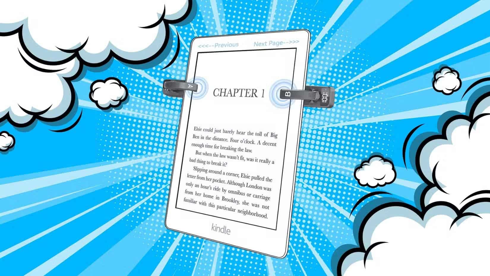 illustration-of-a-kindle-page-turner-by-yuspakone-kindle-page-turner-on-pop-art-background-with-blue-streaks-and-clouds 6 طرق فعالة لتحسين أداء جهاز Kindle القديم واستعادة سرعته